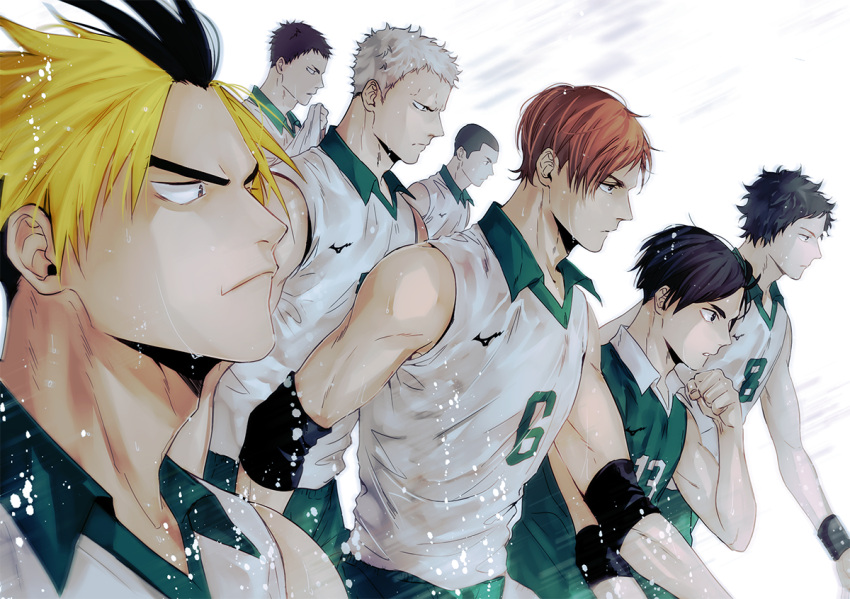 6+boys adapted_costume aone_takanobu bare_shoulders black_hair blonde_hair brown_hair closed_mouth elbow_pads eyebrows fukiage_jingo futakuchi_kenji haikyuu!! jersey koganegawa_kanji korean_commentary looking_to_the_side male_focus multiple_boys obara_yutaka onagawa_tarou sakunami_kousuke shirt short_hair sleeveless sleeveless_shirt sportswear toned toned_male ummm_mmma volleyball_uniform white_hair