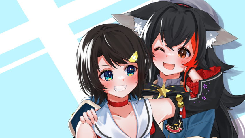 2girls ;d animal_ear_fluff animal_ears bell black_hair blue_eyes blue_shirt blush brown_eyes brown_hair cape commentary_request cosplay costume_switch daichi_(daichi_catcat) detached_sleeves grin hair_ornament hairclip hand_on_another's_cheek hand_on_another's_face hand_on_another's_shoulder highres hololive jingle_bell long_hair long_sleeves looking_at_another multicolored_hair multiple_girls one_eye_closed ookami_mio ookami_mio_(1st_costume) ookami_mio_(cosplay) oozora_subaru oozora_subaru_(cosplay) oozora_subaru_(work) red_cape red_hair sailor_collar shirt short_hair simple_background smile streaked_hair virtual_youtuber white_sailor_collar wolf_ears