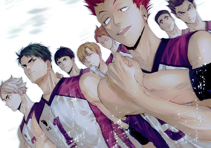 6+boys adapted_costume bare_shoulders brown_hair closed_eyes closed_mouth cross-body_stretch elbow_pads goshiki_tsutomu grey_hair haikyuu!! jersey kawanishi_taichi korean_commentary looking_at_viewer looking_to_the_side male_focus multiple_boys ohira_reon red_hair semi_eita shirabu_kenjirou shirt short_hair sleeveless sleeveless_shirt smile sportswear stretching tendou_satori toned toned_male ummm_mmma ushijima_wakatoshi volleyball_uniform yamagata_hayato