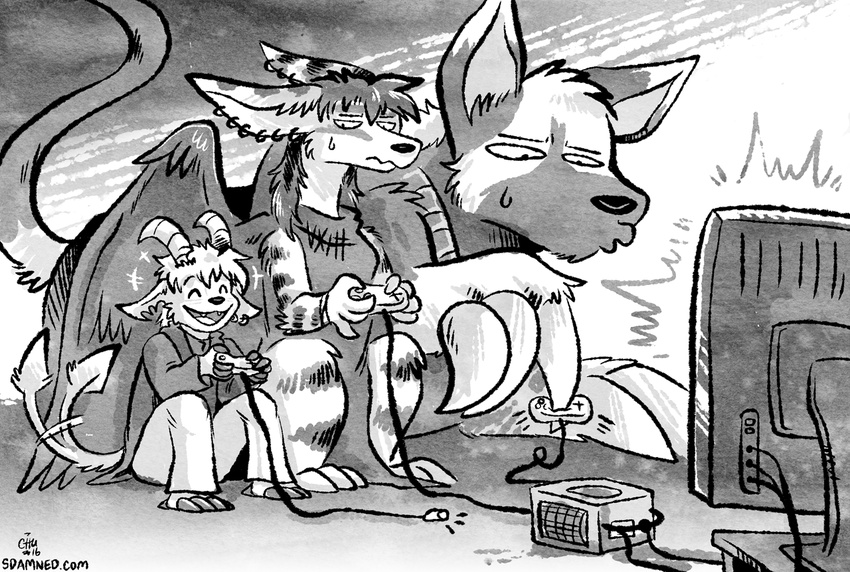 anthro bodily_fluids buwaro_elexion cable canid canine canis claws closed_eyes clothing console_on_ground controller cord demon ear_piercing electronics feathered_wings feathers female fur game_console game_controller gamecube gamecube_console gaming gesture greyscale group happy holding_controller holding_game_controller holding_object horn iratu_elexion knees_pulled_up male mammal monochrome multiplayer nintendo nintendo_console open_mouth open_smile piercing planted_legs playing_video_game sakido_elexion sibling_(lore) signature sitting size_difference slightly_damned smile stripes sweat tail tail_gesture tail_motion tailwag television text the-chu trio url watermark wings wired_controller wolf