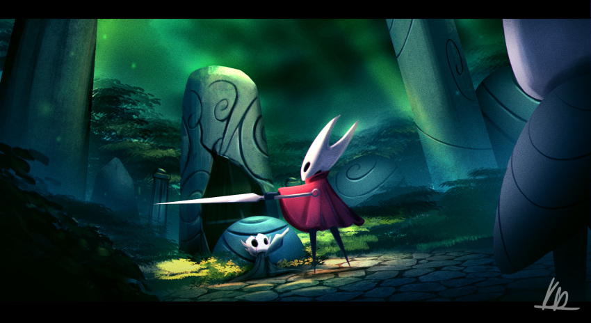 2others cape cracked_mask grass greenpath_vessel_(hollow_knight) highres hollow_knight hornet_(hollow_knight) impaled khaizer lance leaf letterboxed lying multiple_others nail_(hollow_knight) needle_(hollow_knight) no_humans polearm red_cape rock shell signature standing tree weapon