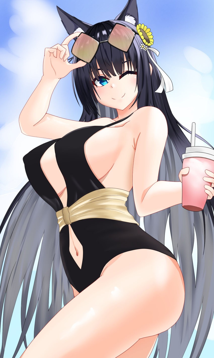 absurdres animal_ears azur_lane backless_swimsuit black_one-piece_swimsuit blue_eyes blue_sky breasts clothing_cutout cup day disposable_cup eyewear_on_head female flower green-tinted_eyewear hair_flower hair_ornament highres kii_(azur_lane) kii_(poolside_persuasion)_(azur_lane) large_breasts long_hair looking_at_viewer navel_cutout official_alternate_costume one-piece_swimsuit one_eye_closed red-tinted_eyewear sky smile solo sunflower sunflower_hair_ornament sunglasses swimsuit tilted_headwear tinted_eyewear very_long_hair yuuki_atori