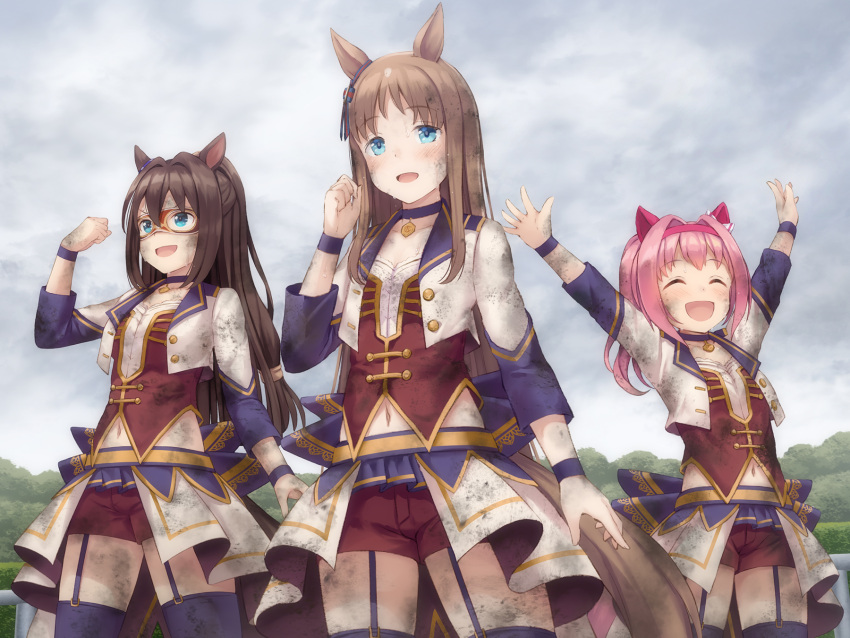 3girls :d ^_^ animal_ears arms_up blue_eyes bodice bow brown_hair closed_eyes commentary_request cropped_jacket dirty dirty_clothes domino_mask ear_bow ear_covers ear_ornament el_condor_pasa_(umamusume) frogging garter_straps gold_trim grass_wonder_(umamusume) hairband haru_urara_(umamusume) highres horse_ears horse_girl horse_tail jacket long_sleeves mask midriff multicolored_clothes multicolored_jacket multiple_girls namaru_(summer_dandy) navel open_mouth overskirt partial_commentary pink_hair purple_jacket red_shorts shorts smile starting_future_(umamusume) striped striped_bow tail thighhighs two-tone_jacket umamusume white_jacket