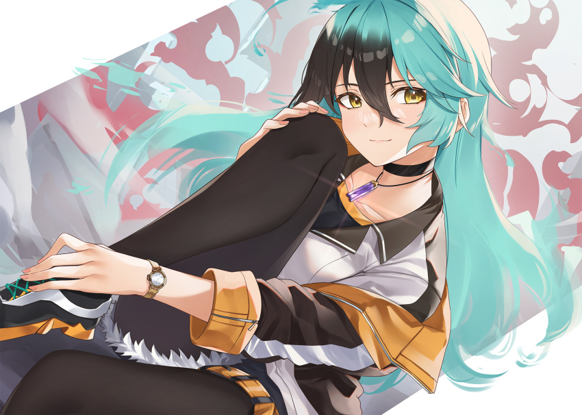 black_hair black_legwear blush choker closed_mouth collarbone dusk_diver female gradient_hair green_hair highres jewelry knee_up long_hair long_sleeves looking_at_viewer multicolored_hair necklace pantyhose second-party_source smile tapioka_(oekakitapioka) watch wristwatch yang_yumo yellow_eyes zipper zipper_pull_tab