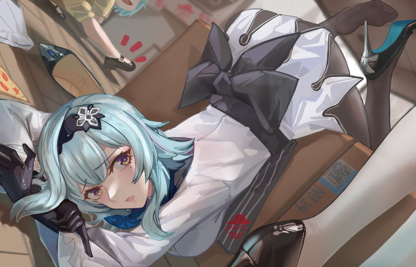 3girls absurdres apron ass black_apron black_footwear black_hairband black_pantyhose blue_hair blush box breasts butterfly_hair_ornament cardboard_box eula_(genshin_impact) eula_(pizza_hut)_(genshin_impact) fallen_down food genshin_impact gloves hair_between_eyes hair_ornament hairband high_heels highres indoors large_breasts long_sleeves looking_at_viewer medium_breasts medium_hair mole mole_under_eye multicolored_eyes multiple_girls necktie no_shoes on_ground open_mouth pantyhose pizza pizza_hut pizza_slice pumps purple_eyes shoe_loss shoe_soles shoes single_shoe soles striped_apron striped_clothes toe_seam uniform yellow_eyes yukiale