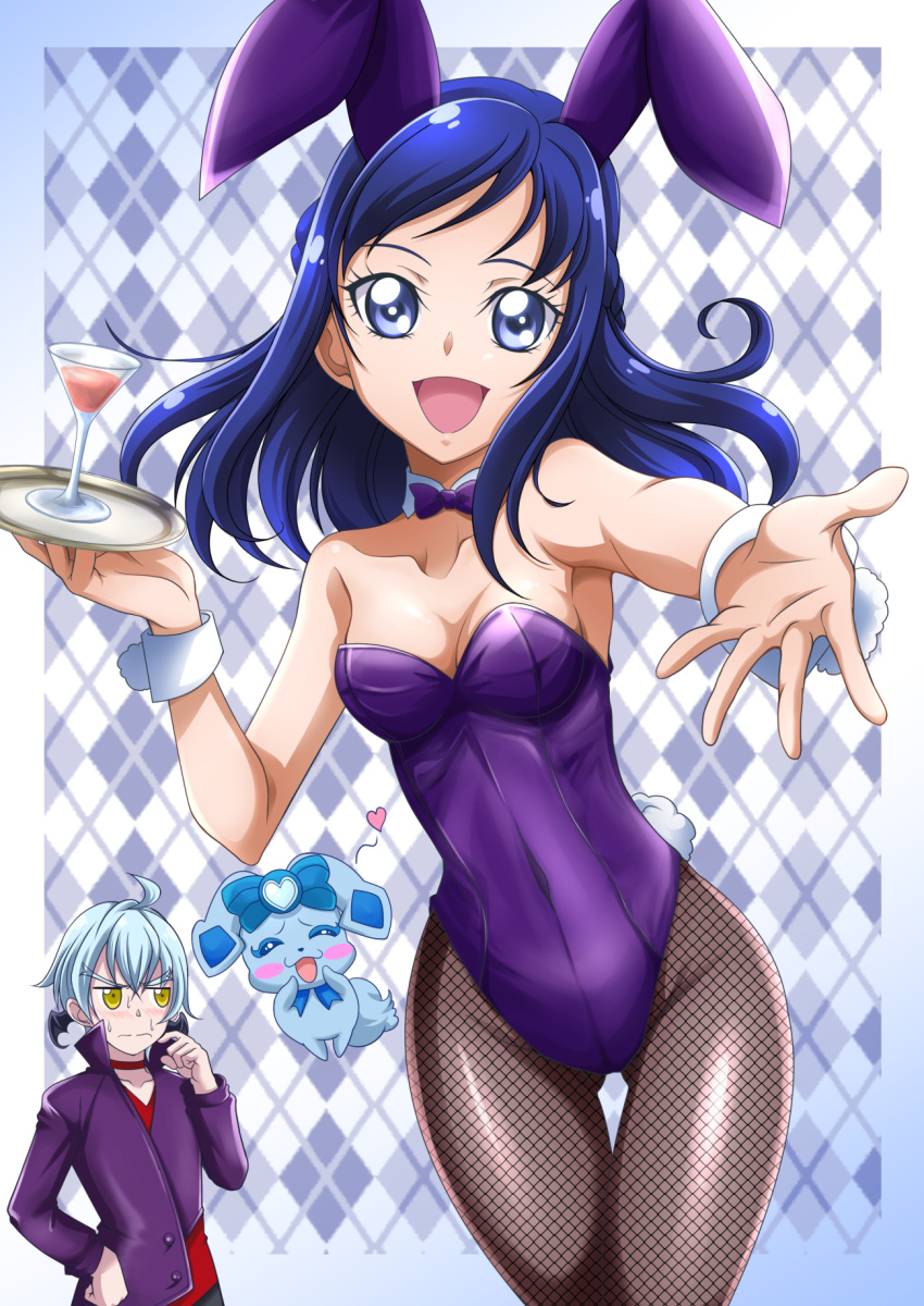 1boy :d animal_ears black_legwear blue_eyes blue_hair blush bow bowtie breasts choker cleavage collarbone cowboy_shot detached_collar dokidoki!_precure embarrassed fake_animal_ears female fishnet_pantyhose fishnets floating_hair hand_on_own_hip hanzou heart highleg highleg_leotard highres hishikawa_rikka holding holding_plate ira_(dokidoki!_precure) jacket leotard long_hair looking_at_viewer open_mouth pantyhose plate playboy_bunny precure purple_bow purple_bowtie purple_jacket purple_leotard rabbit_ears rakeru_(dokidoki!_precure) red_choker red_shirt shirt sideboob small_breasts smile standing strapless strapless_leotard swept_bangs thigh_gap thighhighs wrist_cuffs yellow_eyes