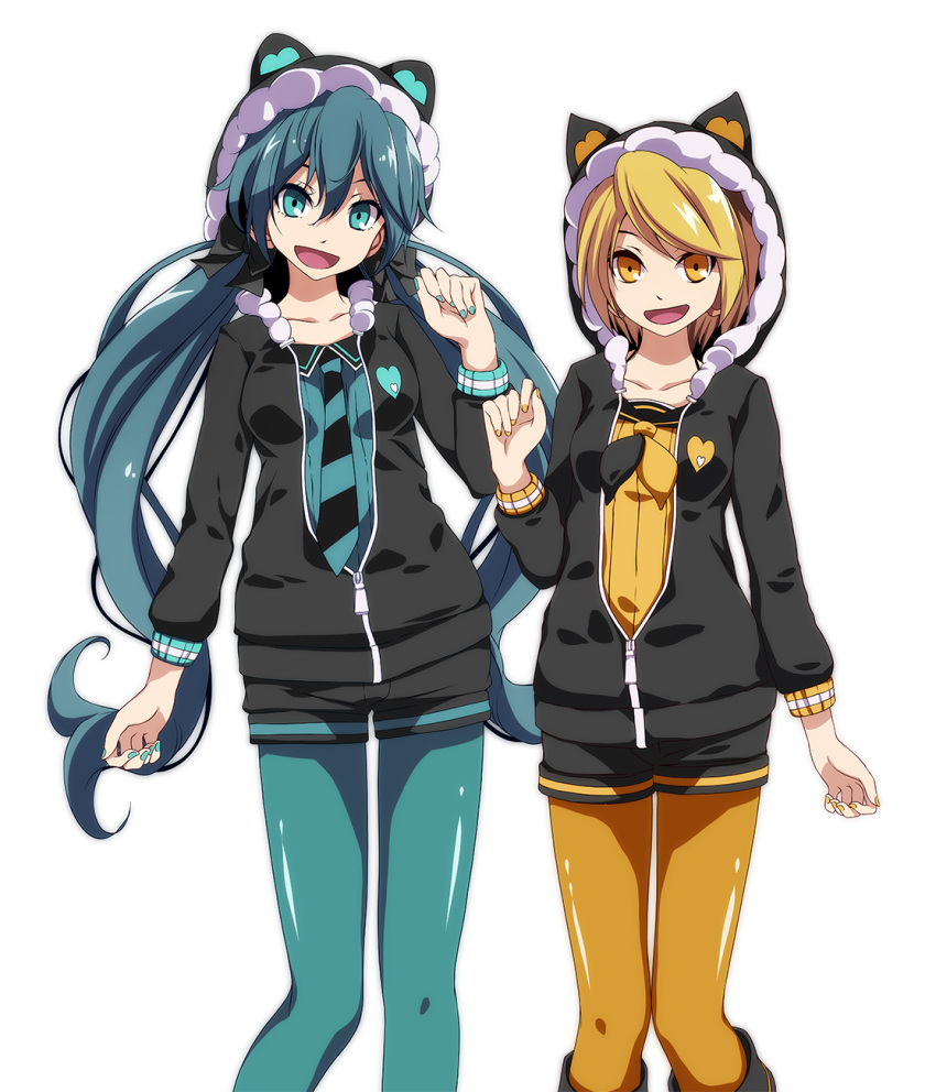 2girls :d animal_ears animal_hood black_cardigan black_shorts blonde_hair blue_eyes blue_hair blue_legwear blue_nails blue_shirt cardigan cat_ears collarbone commentary_request fake_animal_ears floating_hair green_ponpoko_(module) hatsune_miku highres hood hood_up hooded_cardigan kagamine_rin kunoichi_demo_koi_ga_shitai_(vocaloid) long_hair long_sleeves looking_at_viewer multiple_girls nail_polish neckerchief necktie open_mouth orange_konkon_(module) pantyhose pantyhose_under_shorts photoshop_(medium) project_diva_(series) shiny_clothes shiny_legwear shirt short_hair short_shorts shorts smile standing striped striped_necktie thigh_gap tsukishiro_saika very_long_hair vocaloid yellow_eyes yellow_legwear yellow_nails yellow_shirt