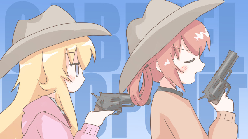 2girls blonde_hair blue_eyes blush brown_headwear closed_eyes commentary_request copyright_name cowboy_hat euch20 from_side gabriel_dropout gabriel_tenma_white gun hair_rings hat highres holding holding_gun holding_weapon long_hair long_sleeves looking_at_another multiple_girls open_mouth orange_sweater pink_sweater pointing pointing_at_another profile red_hair satanichia_kurumizawa_mcdowell sweater weapon