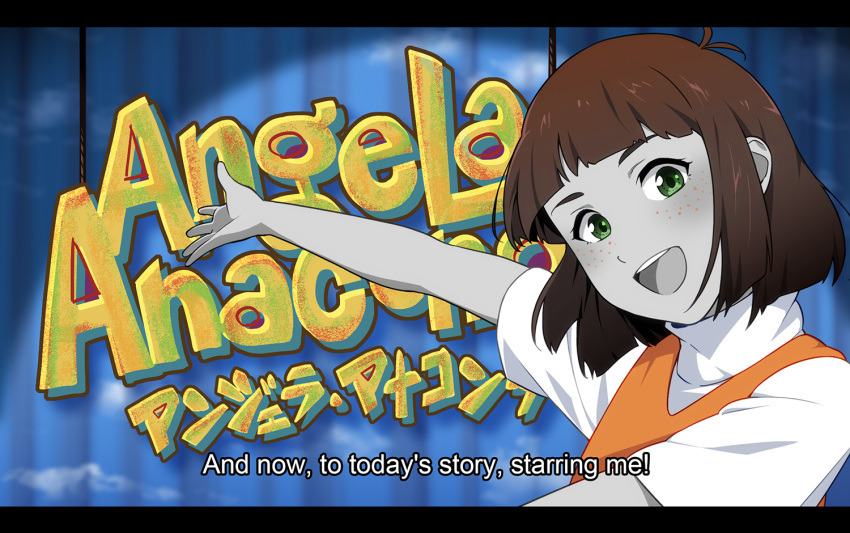 angela_anaconda angela_anaconda_(character) animification bob_cut brown_hair character_name colored_skin commentary copyright_name curtains dress fake_screenshot female freckles green_eyes grey_skin letterboxed looking_at_viewer open_mouth orange_dress rope shirt solo subtitled suzushiro_(suzushiro333) white_shirt