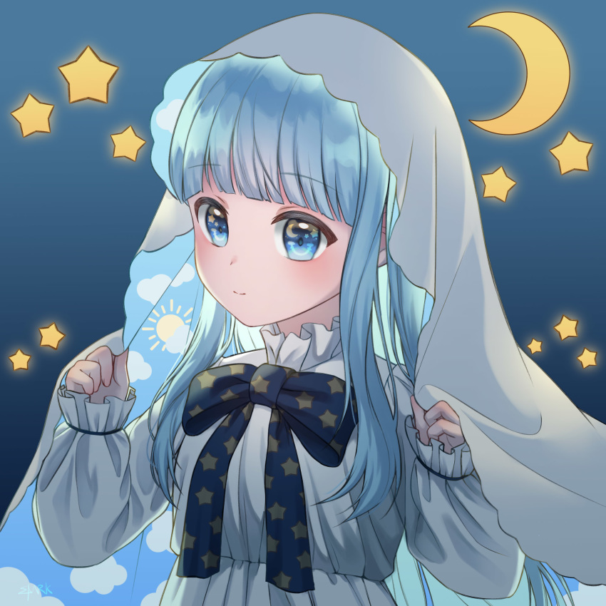 arms_up bad_id bad_pixiv_id blue_eyes blue_hair blush closed_mouth cloud commentary commission draw_this_in_your_style_challenge dress female gradient_background highres long_hair moon original photoshop_(medium) ribbon smile solo spark_(spark845) star_(sky) star_(symbol) sun