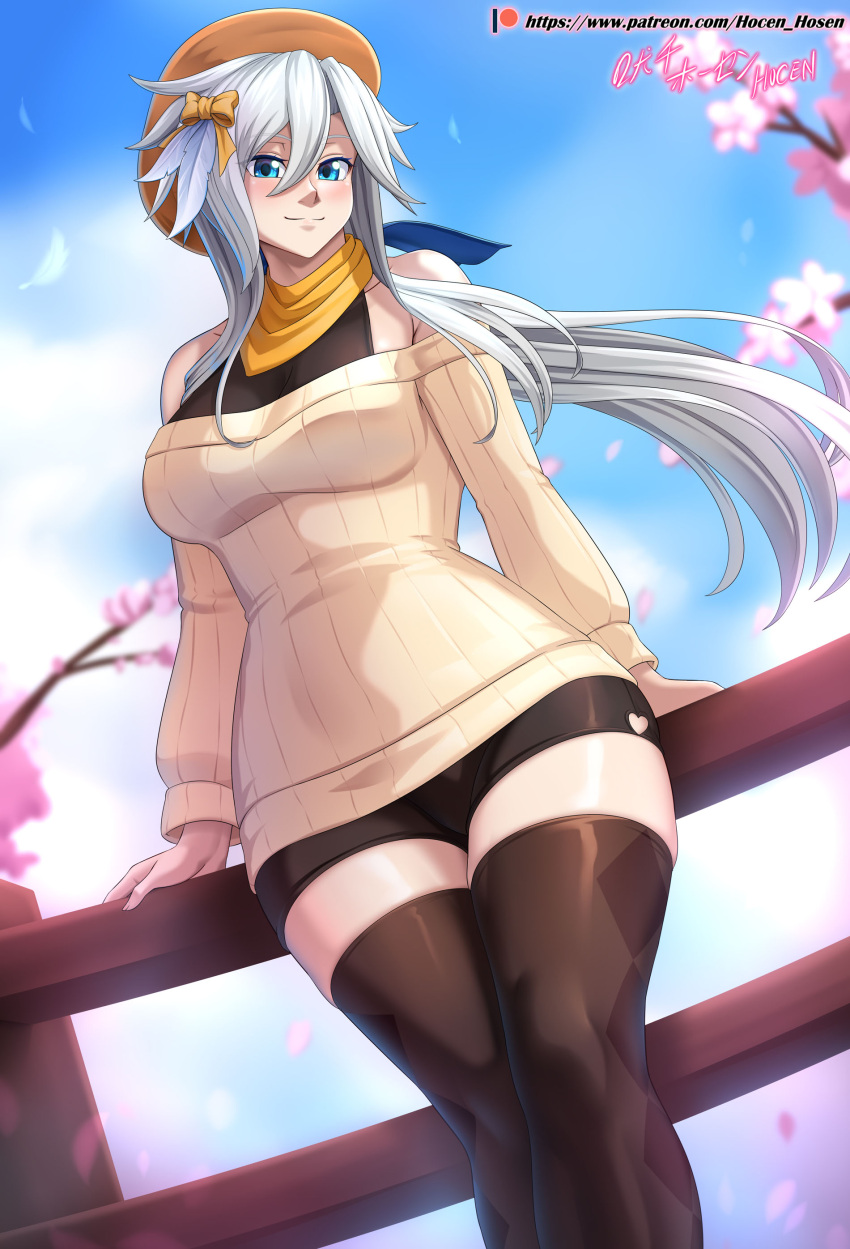 absurdres bare_shoulders blue_eyes brave_frontier cherry_blossoms commentary_request female highres looking_at_viewer outdoors scarf sefia shorts sweater thighhighs thighs vilde_loh_hocen watermark web_address white_hair