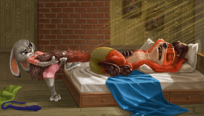 absurd_res anthro barefoot bed bed_sheet bedding bodily_fluids bottomless bottomwear canid canine canis clothed clothing detailed_background digital_media_(artwork) digital_painting_(artwork) disney drooling duo feet female fox fur furniture grey_body grey_fur hareluca hi_res judy_hopps lagomorph leporid lying lying_on_bed male male/female mammal necktie nick_wilde on_bed open_mouth orange_body pawpads pillow purple_eyes rabbit red_fox saliva shirt shirt_only shorts shorts_only skirt sleeping spread_legs spreading tail tail_grab tail_pull topless topless_anthro topless_male topwear topwear_only true_fox zootopia