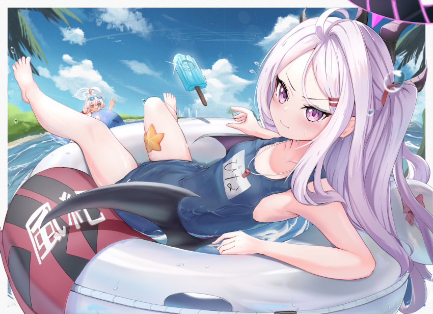 2girls ahoge black_halo blue_archive blush cloud commentary_request demon_wings food goggles hair_ornament hairpin halo heterochromia highres hina_(blue_archive) hina_(swimsuit)_(blue_archive) horns hoshino_(blue_archive) innertube long_hair low_wings milkcandyer multiple_girls one-piece_swimsuit pink_hair popsicle purple_eyes sky starfish swim_ring swimsuit tree water whistle whistle_around_neck white_hair wings