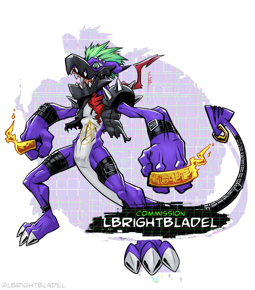 anthro bandai_namco bandana brass_knuckles digimon digimon_(species) green_hair hair hi_res kerchief lbrightbladel male melee_weapon neckerchief piercing punkmon purple_body scalie shoulder_pads solo spade_tail spiked_shoulder_pads spikes tail weapon