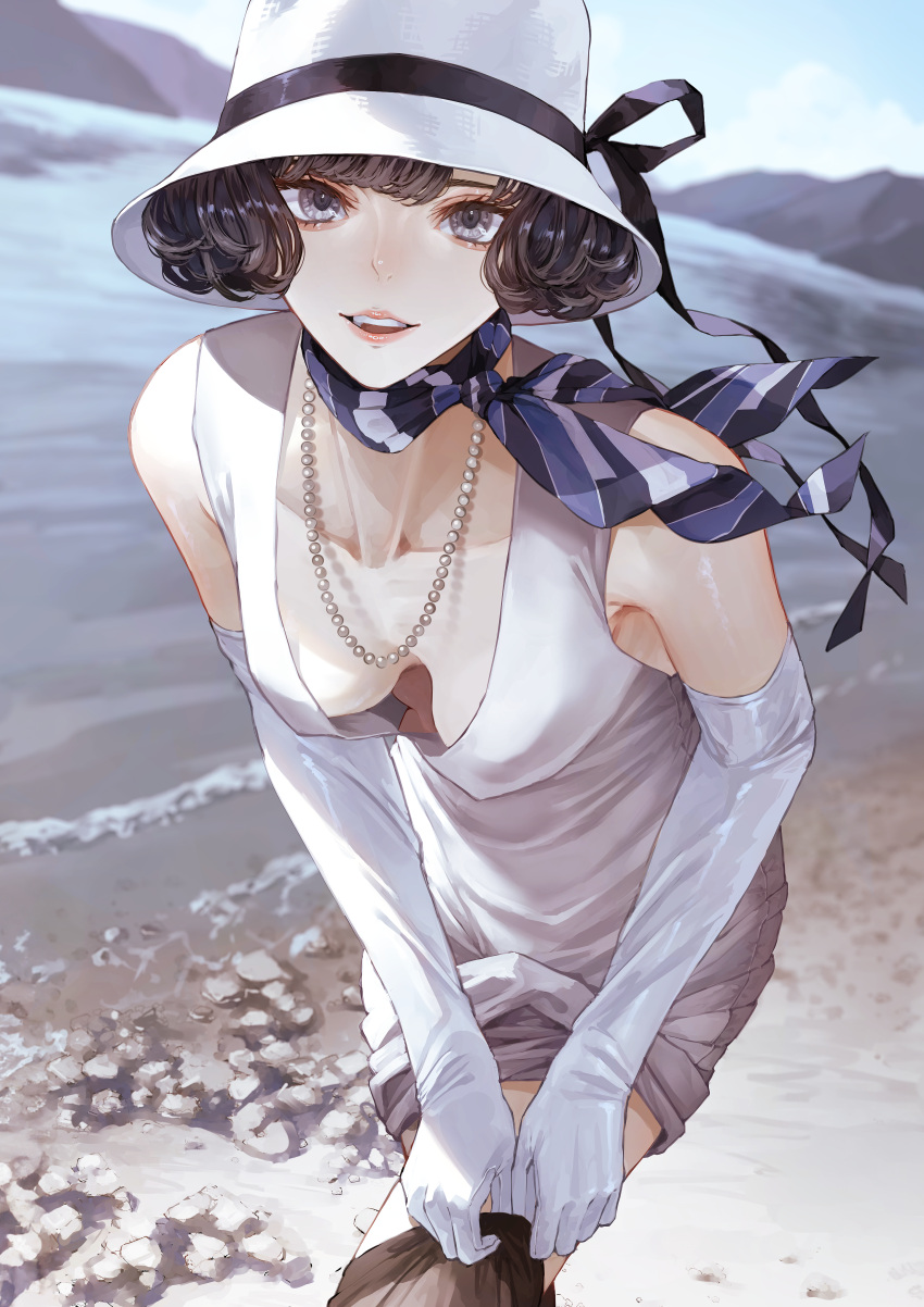 absurdres adjusting_clothes adjusting_legwear bare_shoulders beach black_hair black_thighhighs bob_cut breasts commentary_request dress elbow_gloves female gloves grey_eyes hat highres jewelry kaoming lake looking_at_viewer mountain necklace original outdoors pearl_necklace sleeveless sleeveless_dress solo teeth thighhighs tokiwa_reika viewfinder water white_dress white_gloves