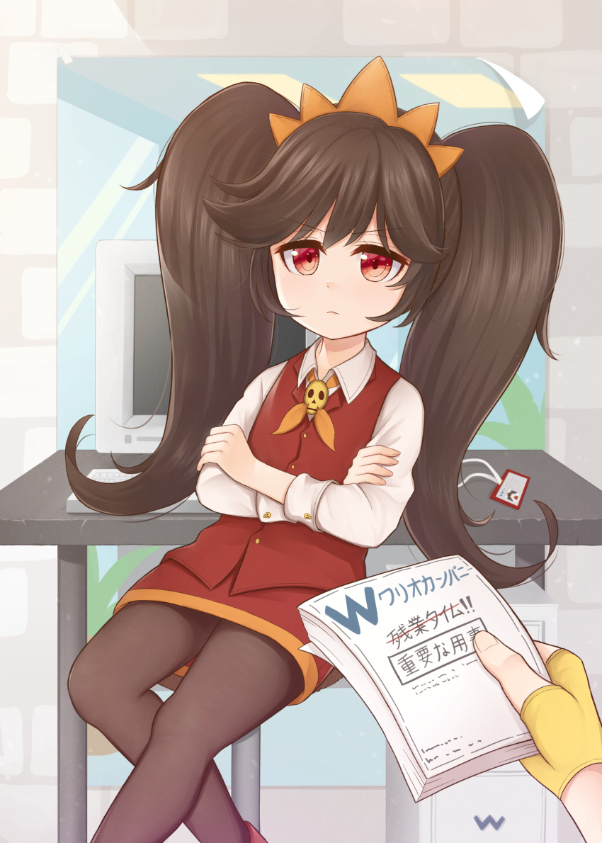 absurdres alternate_costume ashley_(warioware) atorie black_hair crossed_arms dress female frown hair_ornament highres id_card long_hair looking_at_viewer monitor office_lady pantyhose sidelocks sitting skull_brooch tiara twintails very_long_hair wario warioware