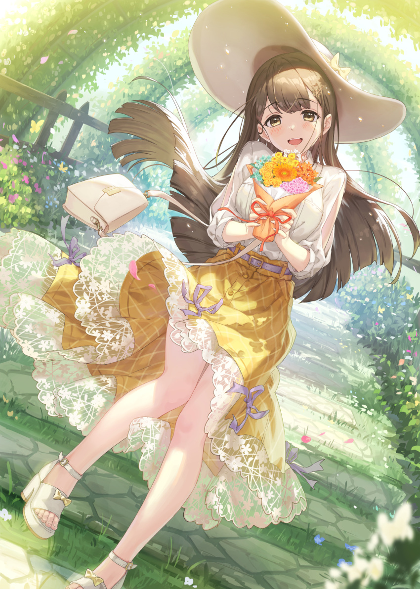 :d bag blue_flower blue_sky bouquet breasts brown_eyes brown_flower brown_hair commentary_request day female fence flower handbag highres holding holding_bouquet kamome_yuu long_hair long_sleeves medium_breasts original outdoors pink_flower puffy_long_sleeves puffy_sleeves rose sandals see-through shirt shoulder_bag skirt sky smile solo very_long_hair white_flower white_footwear white_shirt yellow_flower yellow_rose yellow_skirt