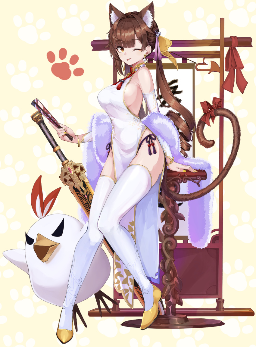 :p alternate_costume animal_ear_fluff animal_ears bare_shoulders breasts brown_hair cat_ears cat_girl cat_tail china_dress chinese_clothes closed_mouth commentary_request detached_sleeves dress earrings excella_(delltothu) extra_ears female full_body hair_ornament high_heels highres holding honkai:_star_rail honkai_(series) jewelry large_breasts long_hair long_sleeves looking_at_viewer one_eye_closed panties pelvic_curtain ribbon shawl side-tie_panties sideboob sitting solo sushang_(honkai:_star_rail) sword tail tail_ornament tail_ribbon tassel tassel_hair_ornament thighhighs tongue tongue_out twintails underwear weapon white_sleeves white_thighhighs yellow_eyes yellow_footwear yellow_nails