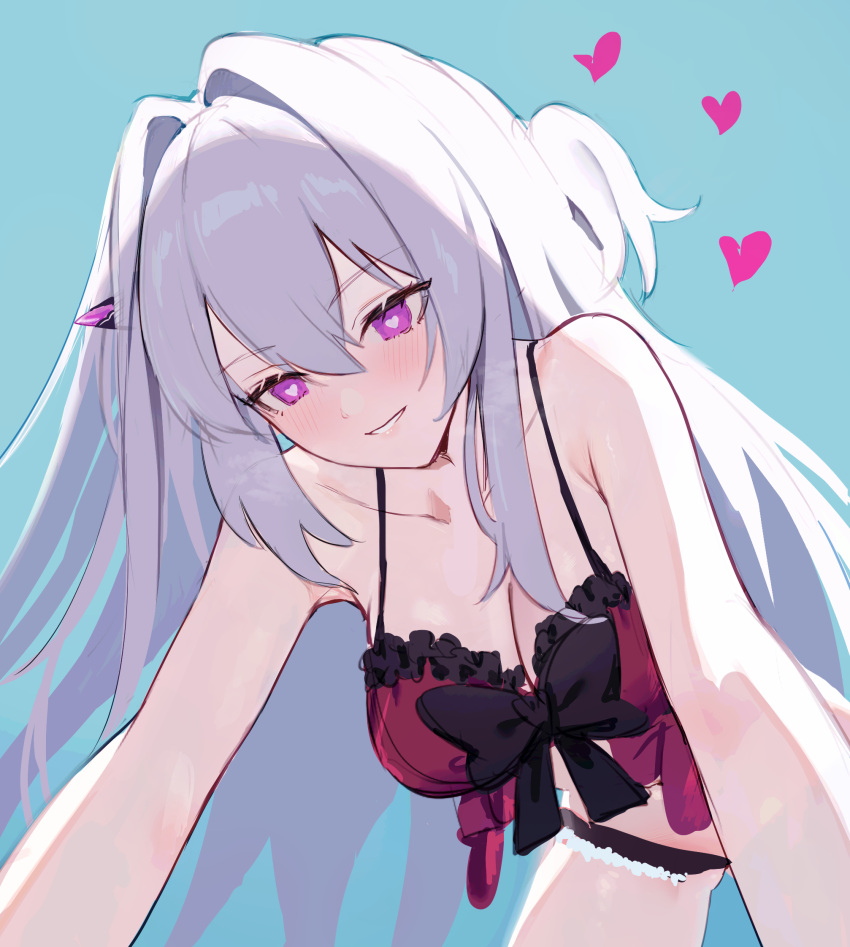 alternate_costume bare_shoulders black_bow black_horns blue_background blush bow breasts bright_pupils cleavage collarbone commentary female from_below grin hair_between_eyes hair_intakes heart heart-shaped_pupils highres honkai_(series) honkai_impact_3rd horns large_breasts long_hair looking_down lysh one_side_up purple_eyes side_horn simple_background single_horn smile solo symbol-shaped_pupils thelema_nutriscu very_long_hair white_hair white_pupils