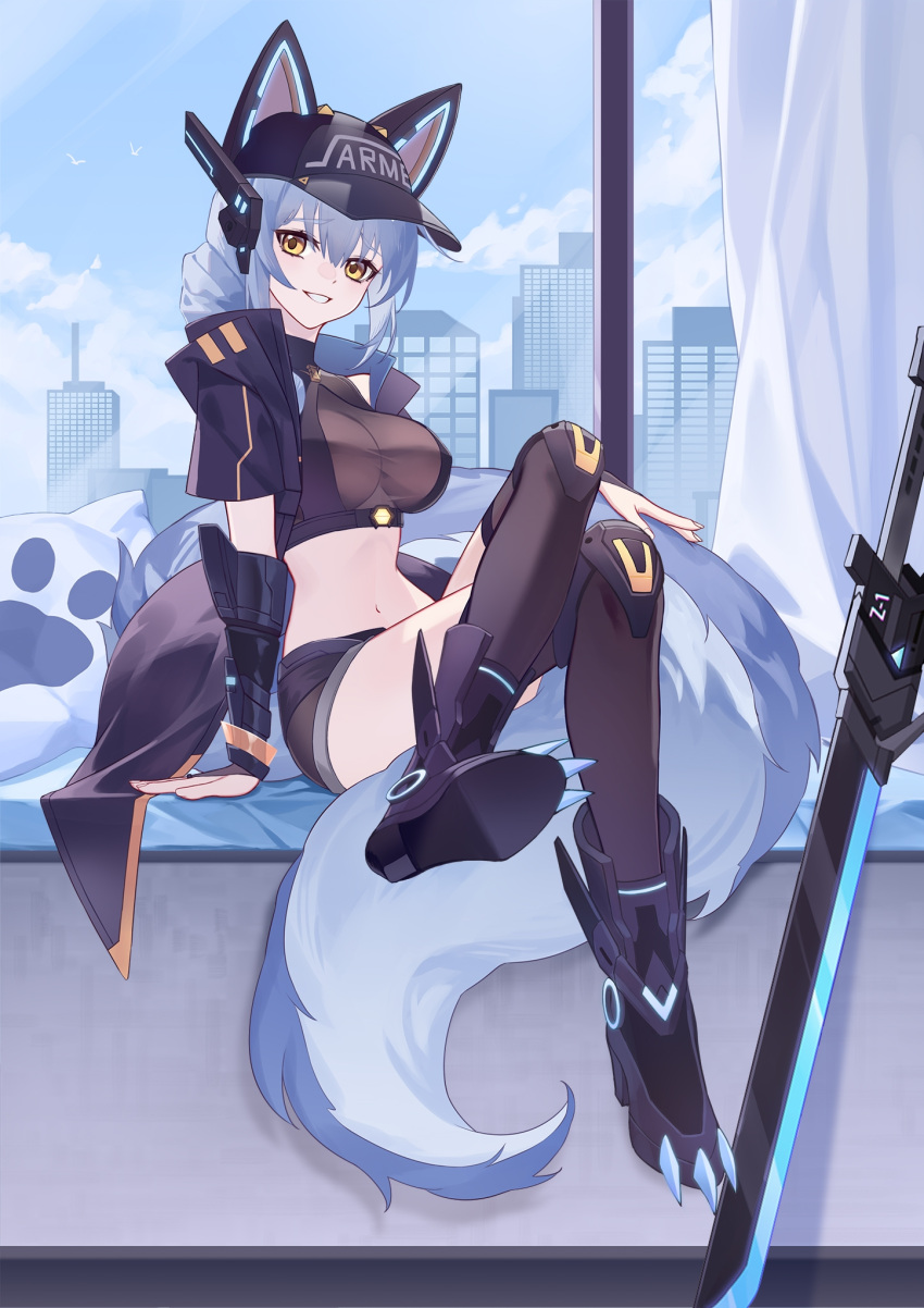 alternate_costume animal_ears arknights arm_support baseball_cap black_footwear black_hat black_shorts black_thighhighs blue_hair blue_sky boots city clothes_writing cloud commentary_request crop_top crossed_legs day female hat highres indoors large_tail long_hair looking_at_viewer midriff navel provence_(arknights) provence_(xz002) short_shorts shorts sitting sky solo stomach sword tail thighhighs weapon wolf_ears wolf_tail yellow_eyes