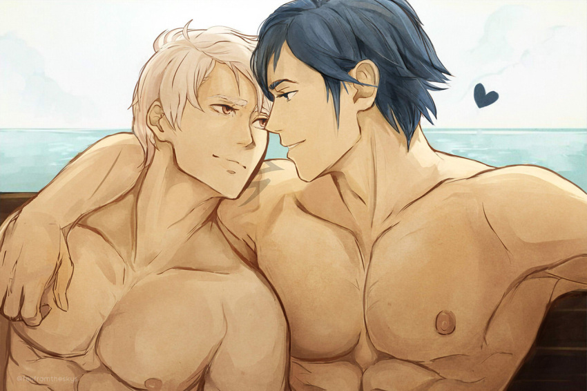 2boys arm_around_shoulder armpits blue_hair chrom_(fire_emblem) commentary commission couple english_commentary eye_contact fell_from_the_sky fire_emblem fire_emblem_awakening heart looking_at_another male_focus multiple_boys muscular muscular_male nipples pectorals robin_(fire_emblem) robin_(male)_(fire_emblem) toned toned_male twitter_username upper_body white_hair yaoi