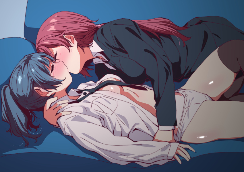 2girls absurdres blue_hair blush breasts closed_eyes ecoman highres kissing love_live! love_live!_sunshine!! lying multiple_girls necktie office_lady open_clothes open_shirt panties red_hair sakurauchi_riko tsushima_yoshiko underwear yuri