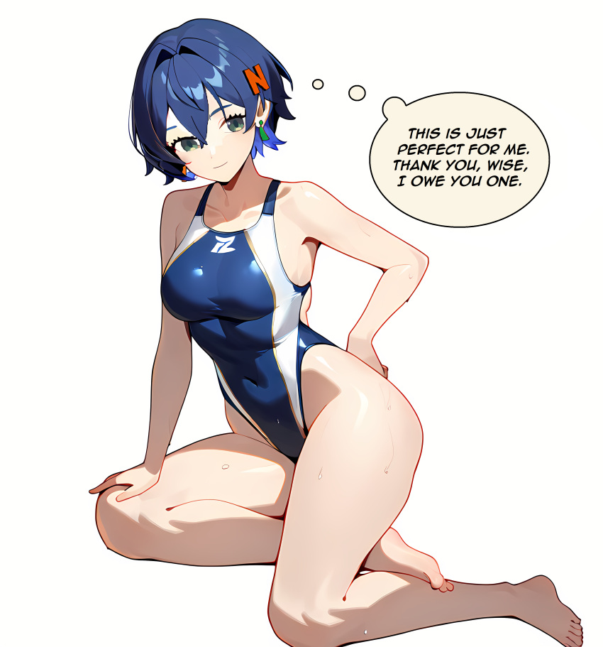 absurdres ai-generated belle_(zenless_zone_zero) blue_hair blue_one-piece_swimsuit choysakanto_(pixiv_35802270) commentary competition_swimsuit english_commentary female highres looking_to_the_side multicolored_clothes multicolored_swimsuit one-piece_swimsuit short_hair swimsuit zenless_zone_zero