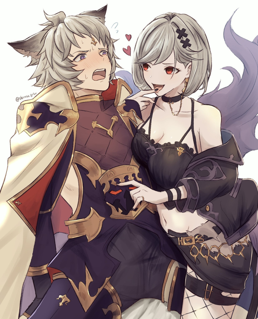 1boy animal_ears collarbone djeeta_(granblue_fantasy) erune female granblue_fantasy grey_hair highres medium_hair navel pppppknw red_eyes seox_(granblue_fantasy) sidelocks swept_bangs twitter_username