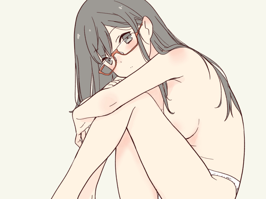 daipunch expressionless female from_side glasses grey_eyes grey_hair hugging_own_legs iinchou_(daipunch) long_hair looking_afar original panties red-framed_eyewear semi-rimless_eyewear simple_background sitting solo topless under-rim_eyewear underwear white_background white_panties