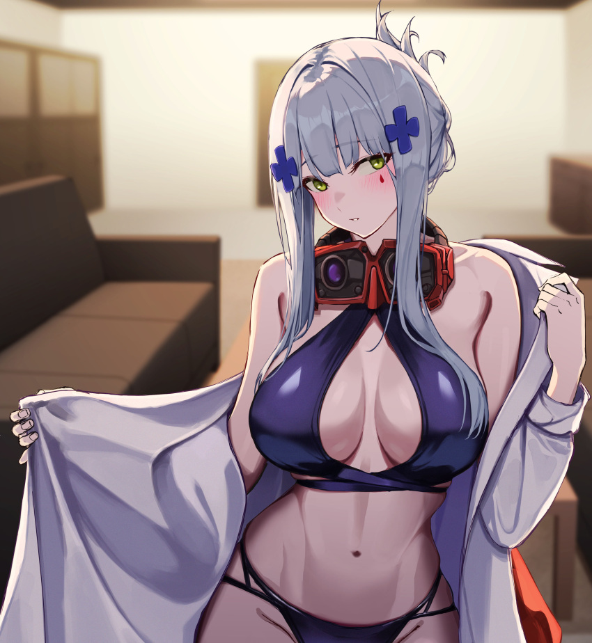 3_small_spiders absurdres bikini bikini_under_clothes blue_hair blush breasts clukay_(neural_cloud) clukay_(raging_waves)_(neural_cloud) coat commission female girls'_frontline girls'_frontline_neural_cloud green_eyes highres hk416_(girls'_frontline) indoors large_breasts linea_alba long_coat long_hair long_sleeves looking_at_viewer navel official_alternate_costume ponytail purple_bikini sidelocks skeb_commission solo swimsuit teardrop_facial_mark white_coat