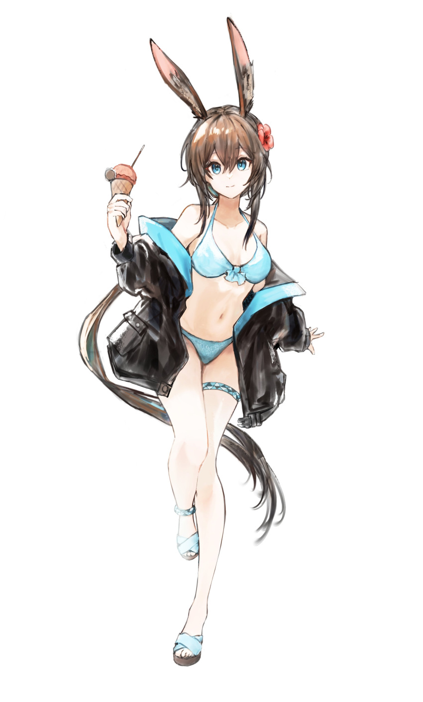 absurdres alternate_costume amiya_(arknights) animal_ears ankle_strap arknights bare_legs bare_shoulders bikini black_jacket blue_bikini blue_eyes blue_footwear breasts brown_hair closed_mouth collarbone female flower food full_body hair_between_eyes hair_flower hair_ornament highres holding holding_food holding_ice_cream ice_cream infection_monitor_(arknights) jacket long_hair long_sleeves looking_at_viewer medium_breasts navel off_shoulder open_clothes open_jacket ponytail qwq22565156 rabbit_ears rabbit_girl red_flower shoes sidelocks simple_background smile solo standing stomach swimsuit thigh_strap thighs very_long_hair white_background