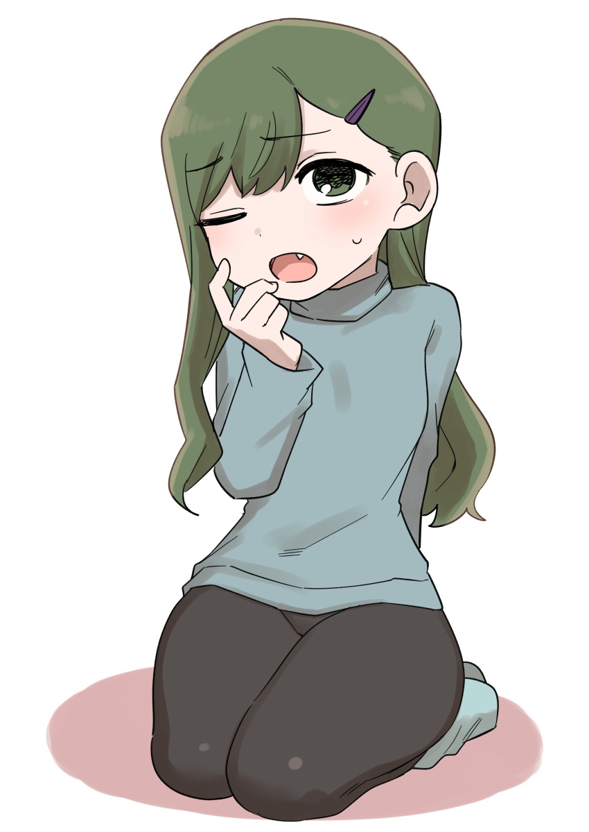 absurdres black_pantyhose blush female green_eyes green_hair highres igarashi_futaba_(shiromanta) medium_hair oerba_yun_fang one_eye_closed open_mouth pantyhose petite seiza senpai_ga_uzai_kouhai_no_hanashi shiromanta sitting sweater thick_thighs thighs