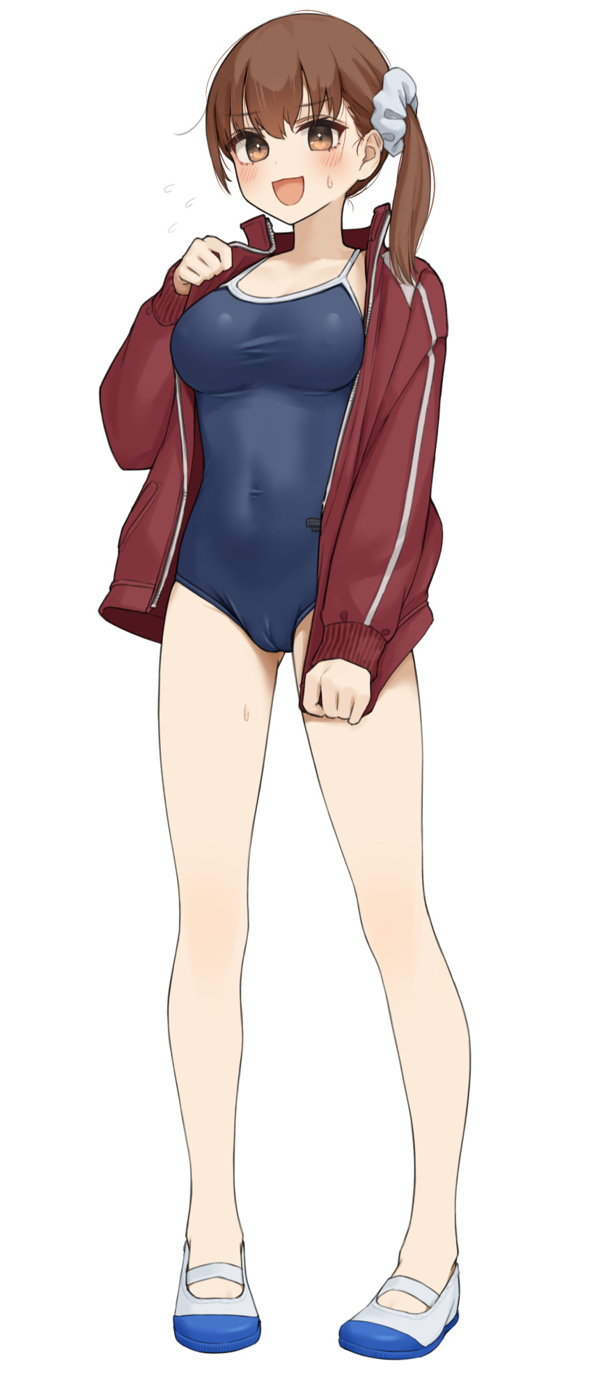 :d absurdres blue_one-piece_swimsuit blush brown_eyes brown_hair commentary_request female full_body grey_scrunchie hair_ornament hair_scrunchie highres jacket kopaka_(karda_nui) legs long_sleeves looking_at_viewer medium_hair one-piece_swimsuit open_clothes open_jacket open_mouth original red_jacket school_swimsuit scrunchie shoes side_ponytail simple_background smile solo standing swimsuit white_background white_footwear