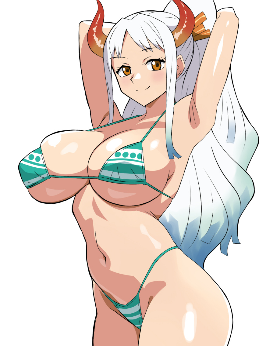 arms_behind_head bikini breasts female highres horns kagemusha large_breasts long_hair looking_at_viewer navel one_piece orange_eyes simple_background smile solo swimsuit two-tone_bikini white_background white_hair yamato_(one_piece)