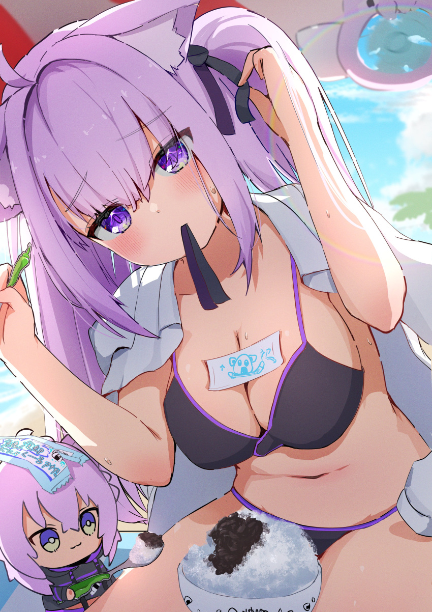 absurdres alternate_costume animal_ears beach bikini black_bikini blurry blurry_background breasts cat_ears cat_girl cleavage female food highres hololive large_breasts long_hair mouth_hold navel nekomata_okayu ocean parasol purple_eyes purple_hair sand shaved_ice shirt shirt_on_shoulders solo swimsuit tarakore_sauce twintails umbrella virtual_youtuber white_shirt