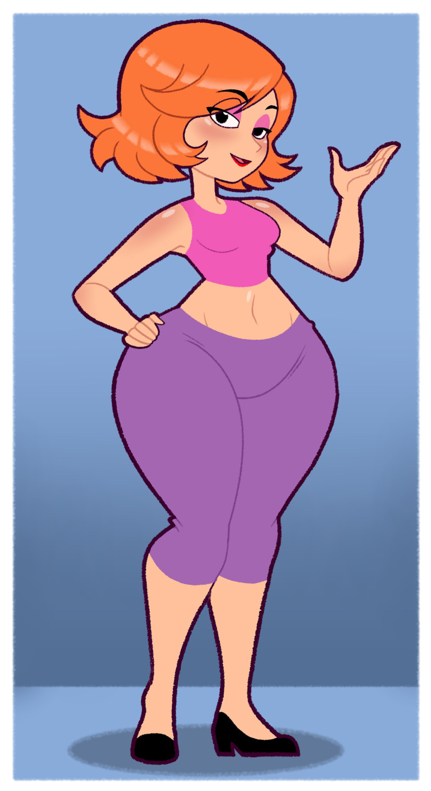 absurdres bare_arms bare_hips bare_shoulders black_footwear border breasts crop_top curvy debs_turnbull female full_body hand_on_own_hip high_heels highres kinggargantuas mature_female navel orange_hair pants purple_pants robotboy simple_background solo thighs white_border wide_hips