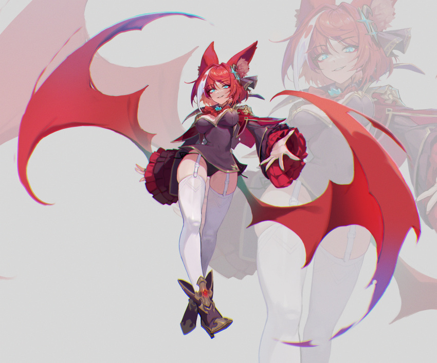 animal_ears black_panties blue_eyes breasts crossed_legs demon_wings dress f.k_(hs225kr) female highres looking_at_viewer medium_hair original panties red_hair simple_background solo thighhighs underwear white_thighhighs wings