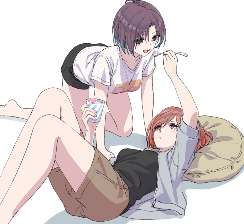 2girls all_fours aqua_eyes asakura_toru black_shirt black_shorts breasts brown_shorts casual cup feeding grey_jacket hair_ornament hairclip highres higuchi_madoka holding holding_cup holding_spoon idolmaster idolmaster_shiny_colors jacket looking_at_another lying medium_breasts mole multiple_girls on_back open_clothes open_jacket open_mouth pillow pink_eyes piroaki print_shirt purple_hair shirt short_hair short_sleeves shorts simple_background spoon t-shirt white_background white_shirt