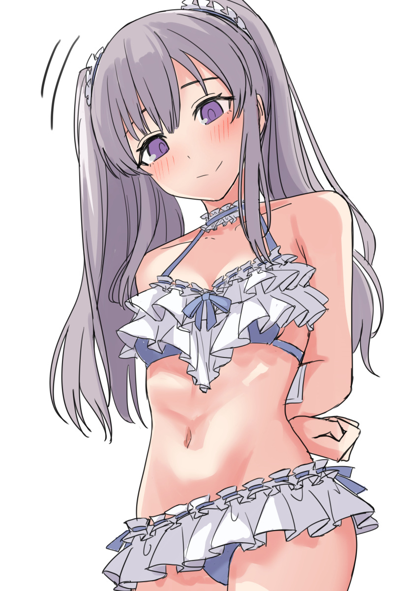 absurdres arms_behind_back bikini bikini_skirt blue_eyes blush choker cowboy_shot crotch female frilled_bikini frilled_choker frills gauze_on_arm grey_hair head_tilt highres idolmaster idolmaster_shiny_colors long_hair motion_lines multicolored_bikini multicolored_clothes navel official_alternate_costume scrunchie smile soy107 swimsuit twintails upskirt white_background white_scrunchie yukoku_kiriko