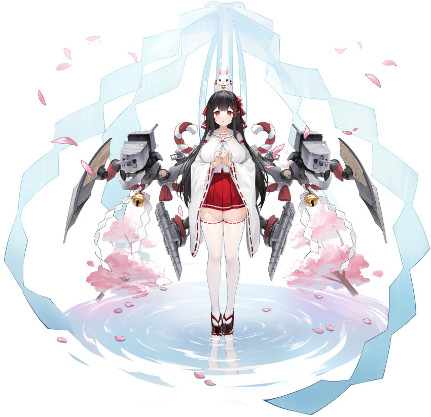 animal animal_on_head artist_request ayase_(azur_lane) azur_lane bell black_hair blush breasts cherry_blossoms female full_body hair_ornament hakama hakama_skirt highres japanese_clothes jingle_bell large_breasts long_hair long_sleeves looking_at_viewer machinery miko nontraditional_miko official_art on_head own_hands_together parted_lips petals pleated_skirt rabbit rabbit_on_head red_eyes reflection reflective_water sandals skirt standing thighhighs turret water wide_sleeves zettai_ryouiki