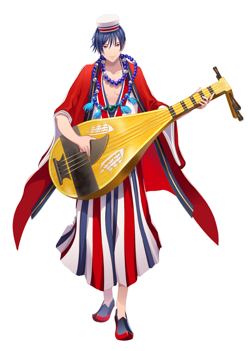 1boy absurdres artist_request bead_necklace beads biwa_lute blue_hair check_commentary commentary_request costa_rica costa_rican_flag hair_between_eyes hat highres instrument japanese_clothes jewelry lute_(instrument) male_focus music necklace playing_instrument red_eyes sailor_hat transparent_background world_flags