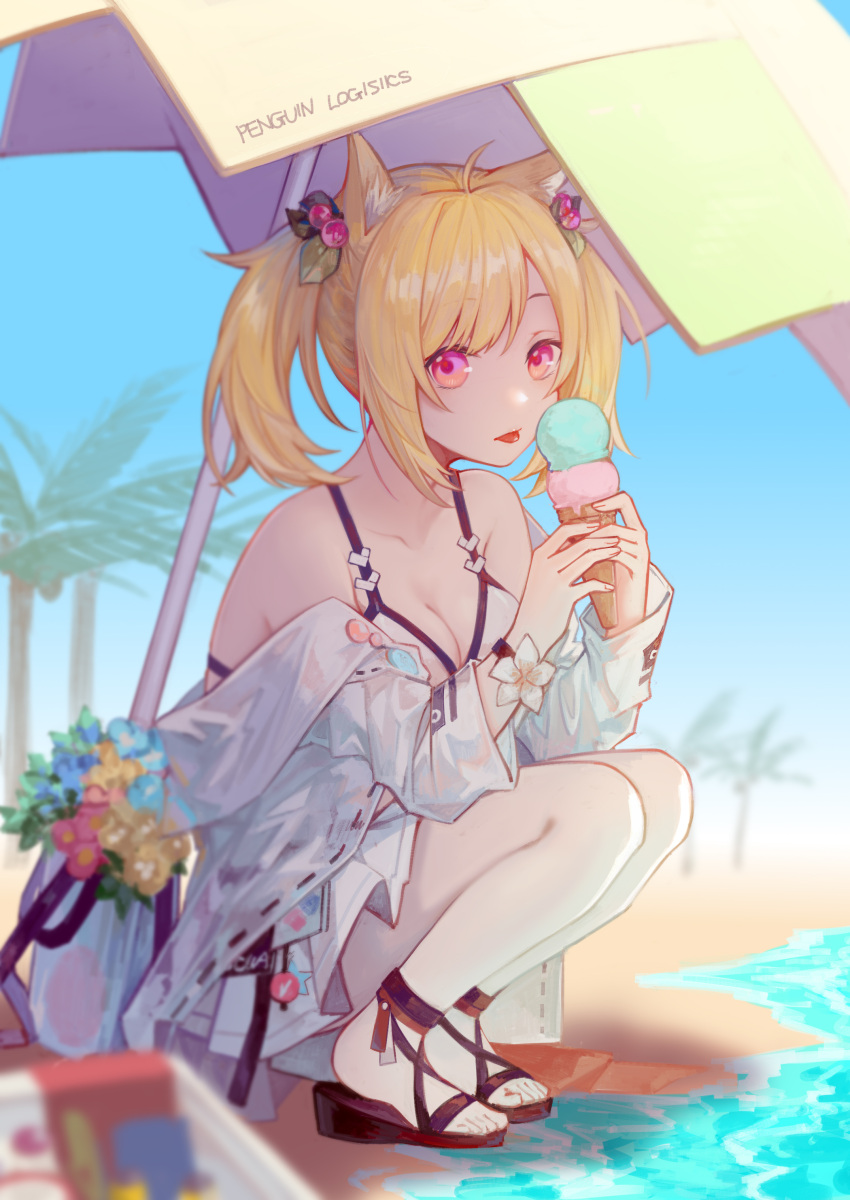 absurdres ahoge animal_ears arknights bare_legs beach beach_umbrella bikini black_footwear blonde_hair blue_sky blurry blurry_foreground breasts cleavage closed_mouth commentary day eating female flower food fox_ears from_side full_body hair_ornament highres holding holding_food holly holly_hair_ornament ice_cream ice_cream_cone jacket leaf_hair_ornament looking_at_viewer medium_breasts medium_hair miike_(992058) miniskirt off_shoulder official_alternate_costume open_clothes open_jacket outdoors palm_tree pink_eyes pleated_skirt sandals shade skirt sky solo sora_(arknights) sora_(summer_flowers)_(arknights) squatting swept_bangs swimsuit tongue tongue_out tree twintails umbrella white_bikini white_jacket white_skirt wrist_flower wristband