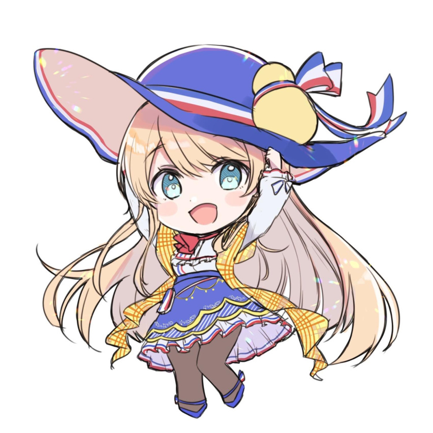 arms_up bad_id bad_pixiv_id blonde_hair blue_eyes blue_hat blue_skirt bow brown_pantyhose chibi female fran_(shironeko_project) full_body hair_between_eyes hands_on_headwear hat high-waist_skirt highres long_hair long_sleeves pantyhose red_bow rucaco shironeko_project shirt simple_background skirt solo standing standing_on_one_leg sun_hat very_long_hair white_background white_shirt