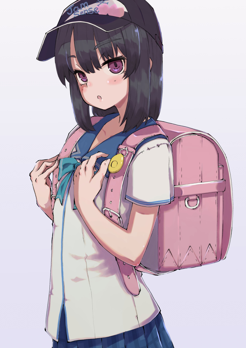 backpack bag black_hair commentary_request crime_prevention_buzzer crime_prevention_buzzer_threat female flat_chest hat highres himeragi_rinze looking_at_viewer medium_hair open_mouth randoseru reco_love reco_love_gold_beach saisho_no_nakama school_uniform simple_background skirt solo