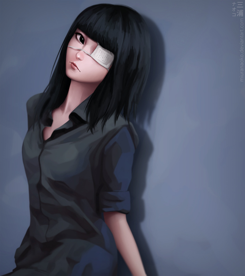 black_eyes black_hair black_shirt closed_mouth english_commentary eyepatch female head_tilt highres long_hair looking_at_viewer miura-n315 realistic shirt simple_background sleeves_rolled_up solo tokyo_ghoul yasuhisa_kurona