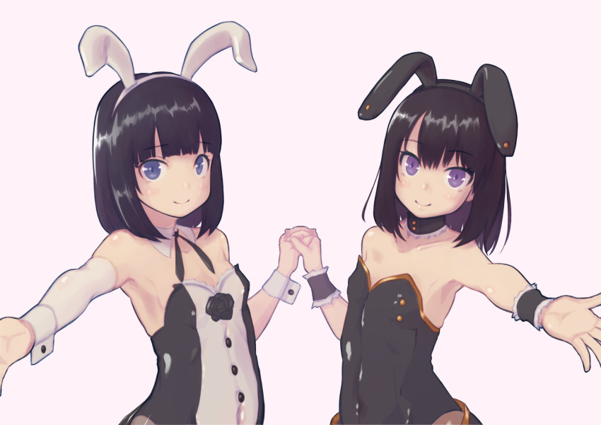 2girls animal_ears armpit_crease bare_shoulders black_hair blunt_bangs closed_mouth commentary_request flat_chest highres himenogi_rinze himeragi_rinze holding_hands looking_at_viewer love_r medium_hair multiple_girls outstretched_arms playboy_bunny rabbit_ears reco_love reco_love_gold_beach saisho_no_nakama simple_background smile upper_body