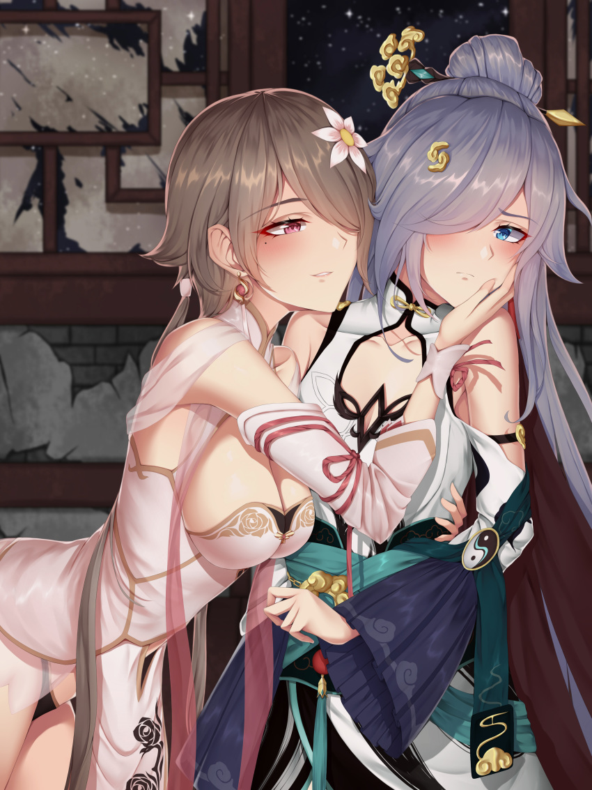 2girls absurdres bare_shoulders blue_eyes blue_hair blush breasts brown_hair china_dress chinese_clothes cleavage clothing_cutout commentary_request detached_sleeves dress earrings embarrassed floral_print flower fu_hua fu_hua_(azure_empyrea) grey_hair hair_flower hair_ornament hair_over_one_eye hairpin hand_on_another's_face hanfu high_ponytail highres honkai_(series) honkai_impact_3rd hug indoors jewelry large_breasts long_hair mole mole_under_eye multiple_girls night night_sky pleated_sleeves ponytail red_eyes rita_rossweisse rita_rossweisse_(artemis) rose_print ruins ruo_zhishi_chu_jian short_hair shoulder_cutout sky smile very_long_hair wide_sleeves yin_yang yuri