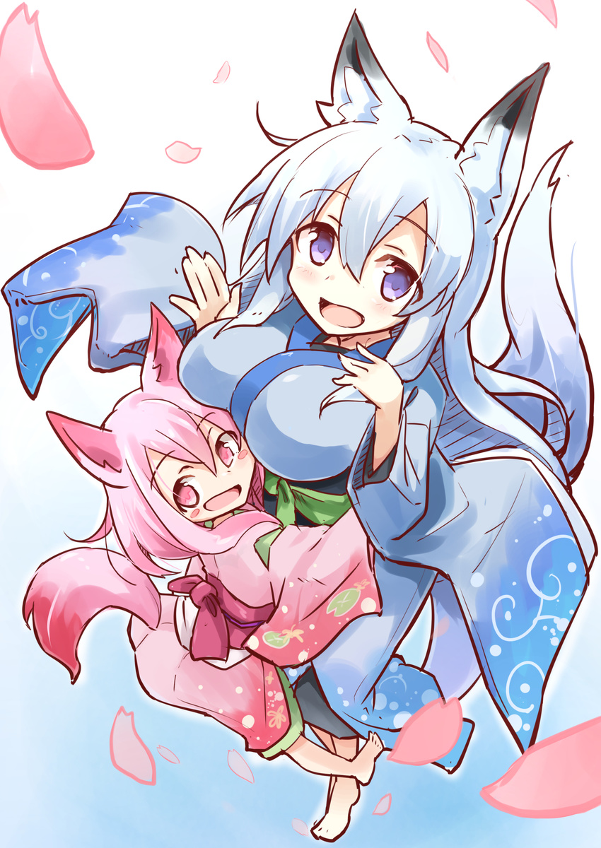 2girls absurdres animal_ears barefoot blue_kimono blush breasts byakusen_(amabiko_kote) commentary_request fox_ears highres hug japanese_clothes kimono large_breasts long_hair looking_at_viewer multiple_girls obi open_mouth original pink_eyes pink_hair pink_kimono purple_eyes sash senhappyaku smile white_hair