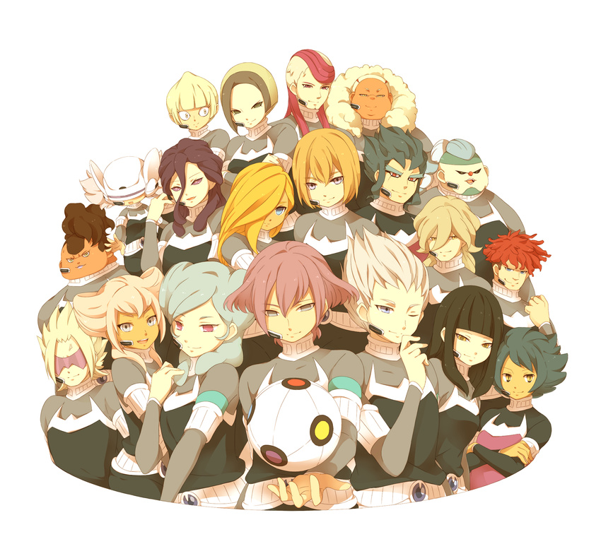 6+boys 6+girls alpha_(inazuma_eleven) armband bad_id bad_pixiv_id bahamusu beta_(inazuma_eleven) blonde_hair blue_eyes brown_hair commentary_request daana dorimu einamu everyone gamma_(inazuma_eleven) garingu gaura goalkeeper hair_over_one_eye highres inazuma_eleven_(series) inazuma_eleven_go inazuma_eleven_go_chrono_stone jiinii kuoosu kuoru long_hair medamu multiple_boys multiple_girls neira netan no_pupils one_eye_closed open_mouth orca_(inazuma_eleven) protocol_omega purple_eyes red_hair reiza rujiku sekina simple_background smile solid_eyes sphere_device ward_(inazuma_eleven) white_background yellow_eyes zanou