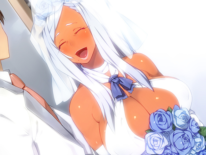 1boy 23_(real_xxiii) blush bouquet breasts bridal_veil bride couple dark_skin dress elbow_gloves female flower formal game_cg gloves grey_hair kasshoku_danchi_e_youkoso large_breasts long_hair mature_female mole mole_under_mouth necktie open_mouth photoshop_(medium) rose smile straight suit sujata_mitsuko tuxedo veil wedding wedding_dress